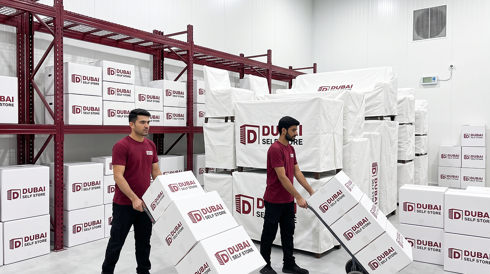 Men stacking storage boxes