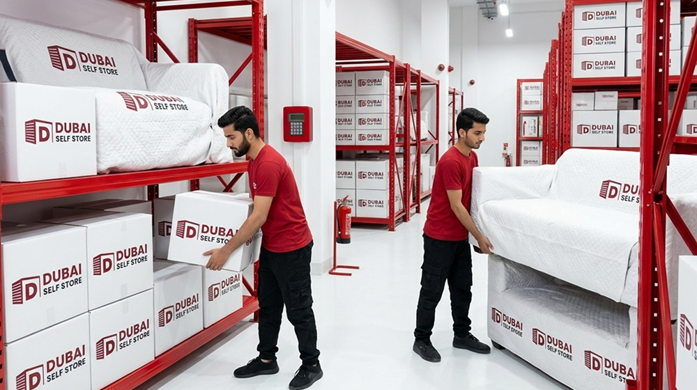 Workers storing furniture inside the facility