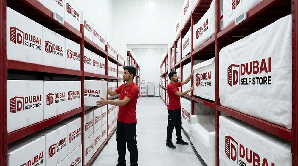 Storage facility interior lined with boxes